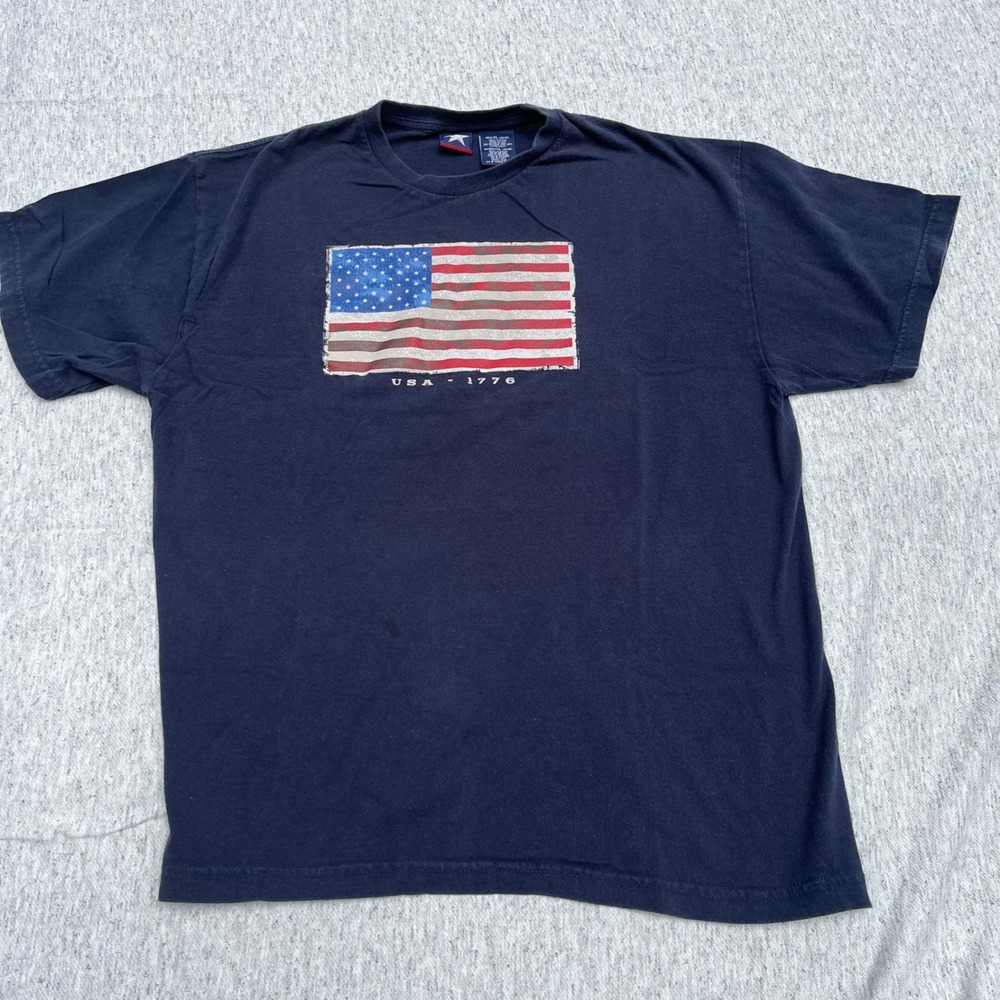 Vintage USA 1776 American Flag T-Shirt Mens XL Navy Blue Cotton Made in USA
